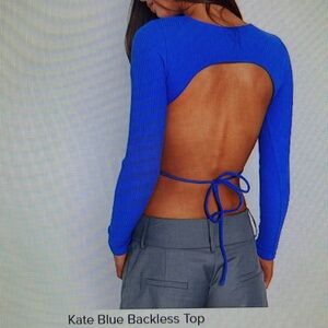 Kate backless too Beginning boutique cobalt blue long sleeve cutout top
